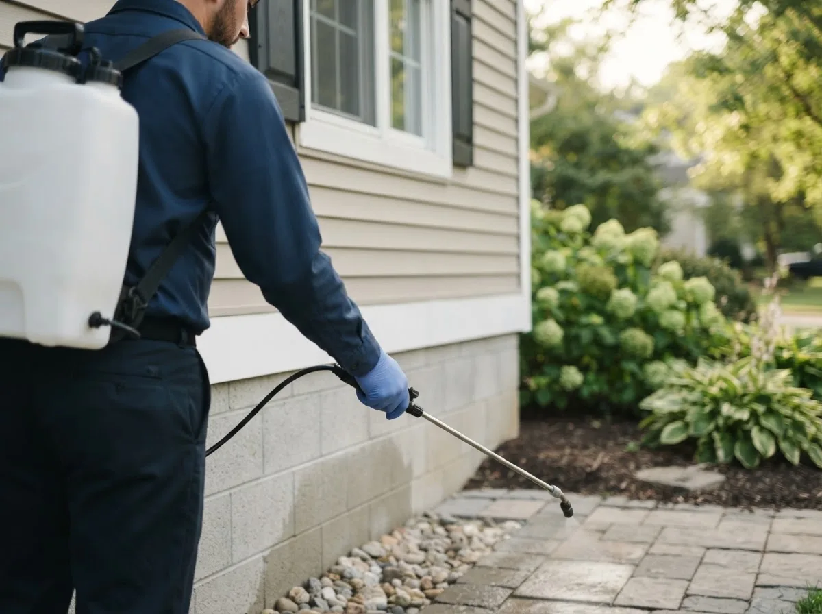 Pest control technician inspecting a home in Devol, OK